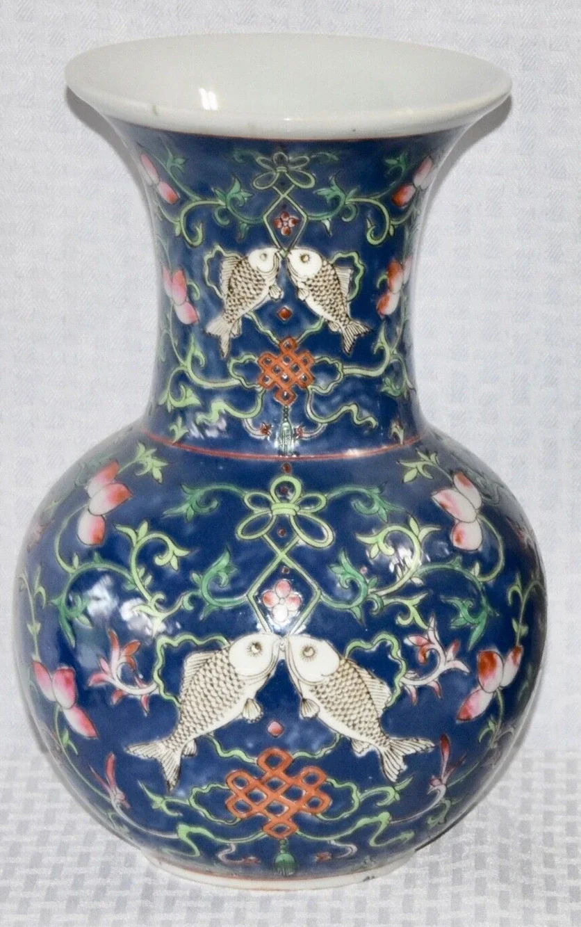 Japanese Enamelled Ceramic Hand Painted Peaches and Fish Trumpet Vase